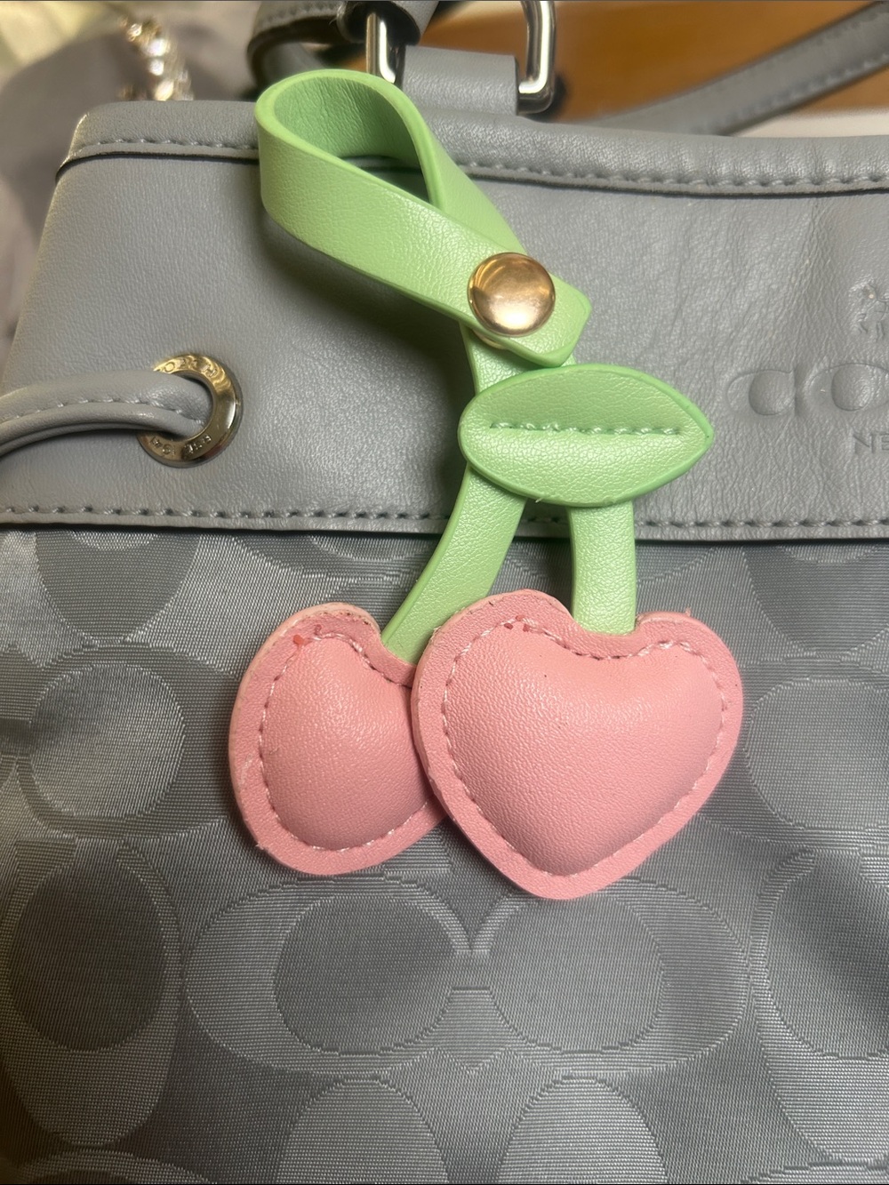 Pink Cherry Charm with Green Stem Leather Key Holder